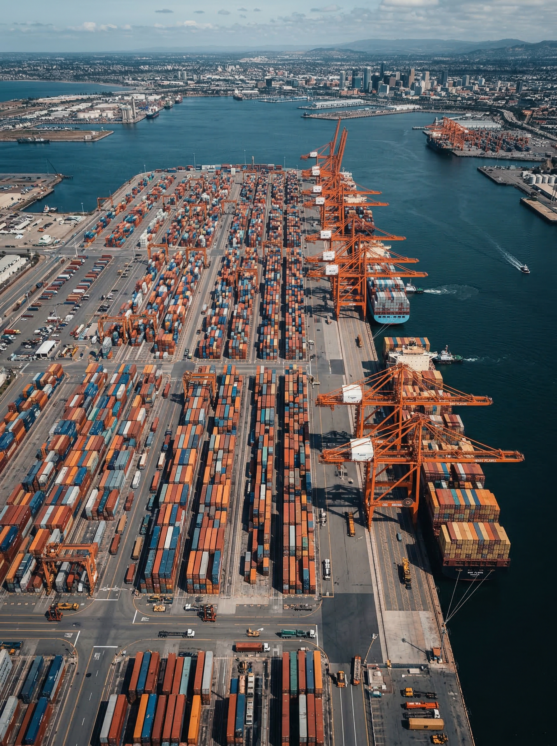 Aerial view of a major container port terminal with stacked containers and cranes