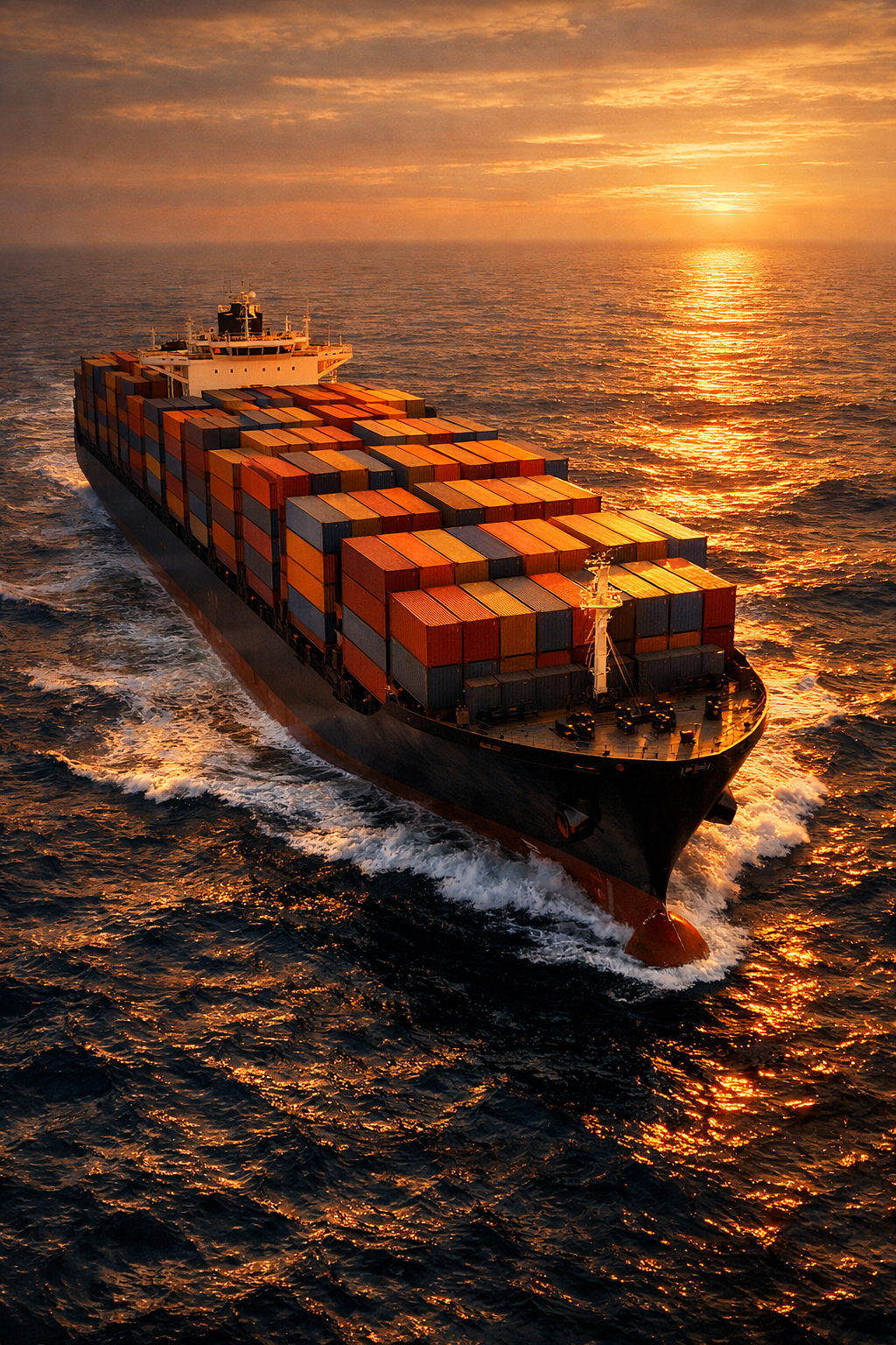 Container ship navigating transpacific trade lane at dusk